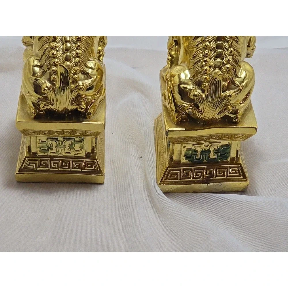 Vtg‎ Pair Chinese Guardian Foo Dogs, gold plated possibly bronze heavy 7
